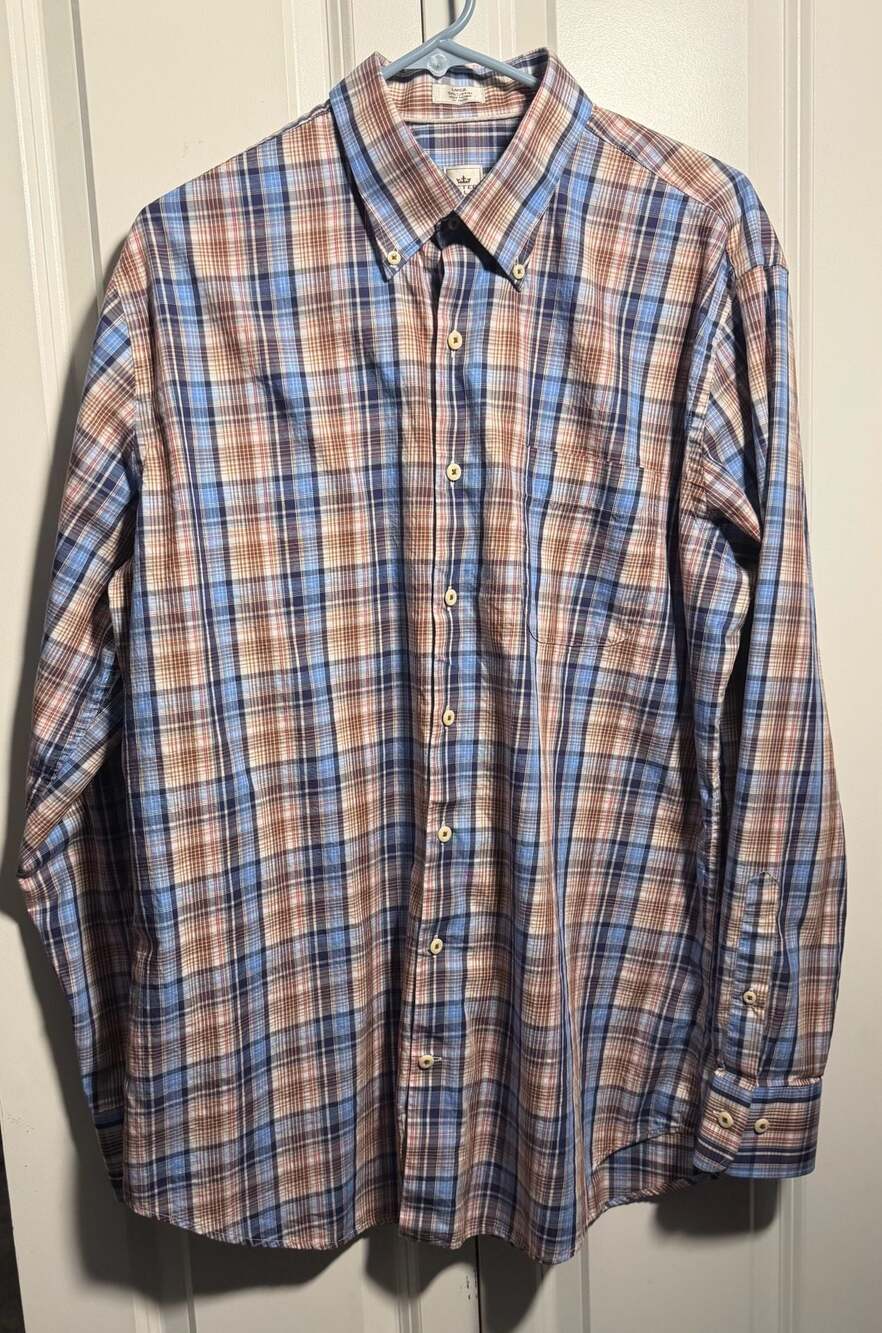Peter Millar Men's Long Sleeve Button Down Shirt 100% Cotton Brown Blue Plaid L